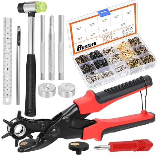 Rustark 349 Stück Druckknöpfe und Doppelkappniete Set mit Hammer und Setzwerkzeugen, Locherzange, 5 Farben Metall Druckknöpfe für Leder DIY Basteln Bekleidung