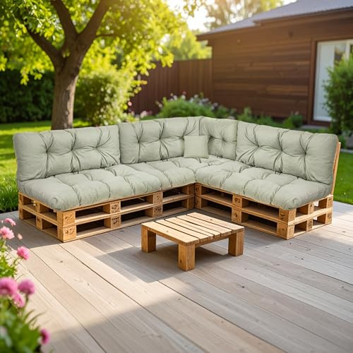 SLIPIO Palettenkissen für Europaletten, 8-TLG. Set, wetterfest, Olivgrün | Palettenpolster; FÜLLPRO+ Füllung; 3x Rückenkissen 120x40 cm + 3x Sitzkissen 120x80 cm + 60x40 + 50x50