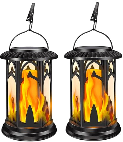 Solar Lanterns for Outdoor Garden Flickering Flame Effect, Solar Powered & Battery Charged Waterproof Garden Lanterns for Hanging, Table Lantern for Outside, Warm White 2 Pack