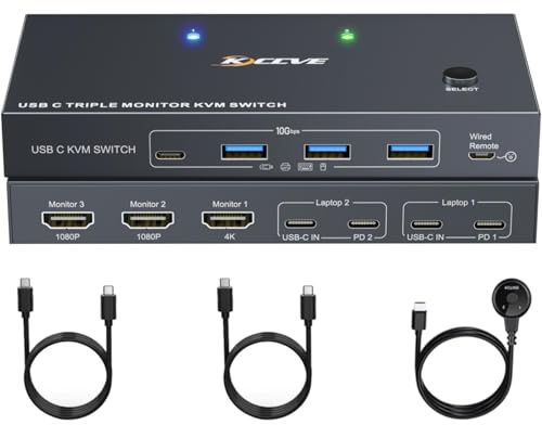 USB C KVM Switch 3 Monitores 2 Portátiles 4K 1080P@60Hz,Conmutadores KVM Triple Monitor con 4 Puertos USB 3.2,10Gbps,PD 80W,Para Windows y Mac OS,Se Requiere la Instalación del Controlador