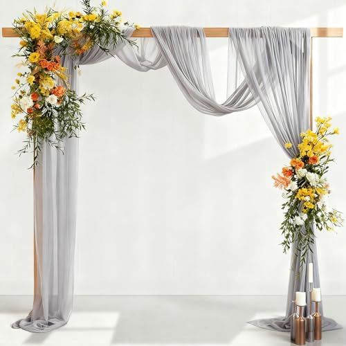 GFCC Querbehang Freihanddeko Vorhang Hochzeitsbogen Gardinen Dekoration aus Transparent Voile,150 x 600cm Deko Vorhänge Hochzeit Grau 2 Stück für Wohnzimmer Zeremonie Party