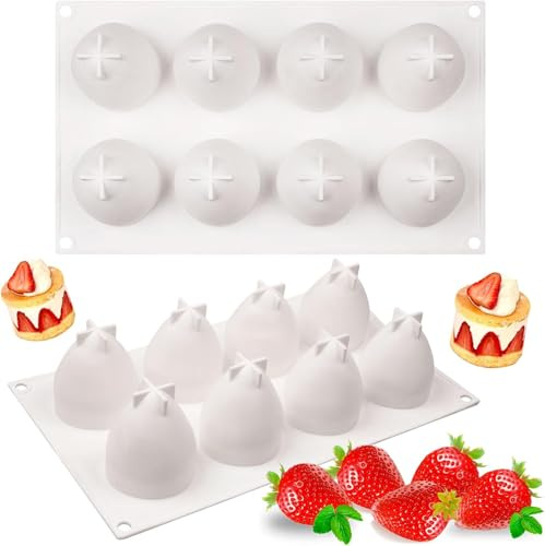 Silicone Strawberry French Mousse Cake Fondant Mold Chocolate Baking Mould | 8 Hole Non-Stick Cupcake Dessert Ice Cube Tray Soap Candle Making Molds Jelly Pudding Candy DIY Wax Sugar Craft Decor