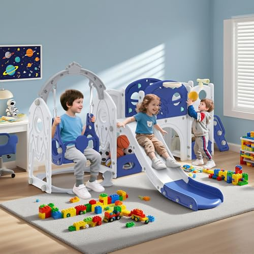 UISEBRT Tobogán infantil con columpio, escalera de escalada, túnel, espacio de almacenamiento, canasta de baloncesto y telescopio de juego, juego de diapositivas de plástico grande de HDPE y PP