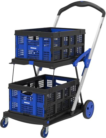 BiGDUG Folding Box Trolley - Foldable Hand Cart Two Layers Flat Beds - 1080H x 600W x 1000D mm - 90 kg Capacity - With 2x Folding Box