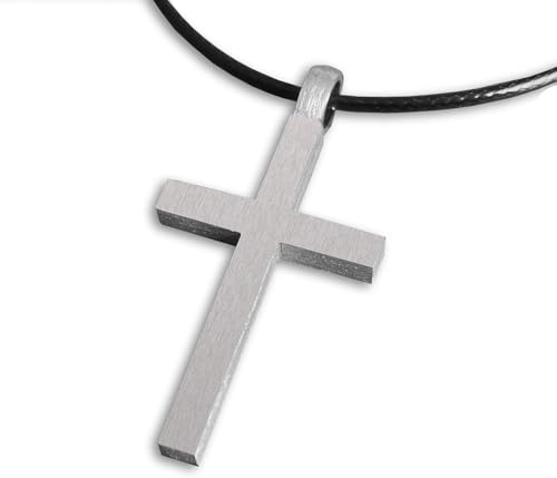 ZENSE - Collier homme croix latine en argent massif brossé 925, fabriqué à la main - Anti-jaunissement Rhodium - Hauteur 3,5cm - Cordon noir 55cm - Certificat d'authenticité