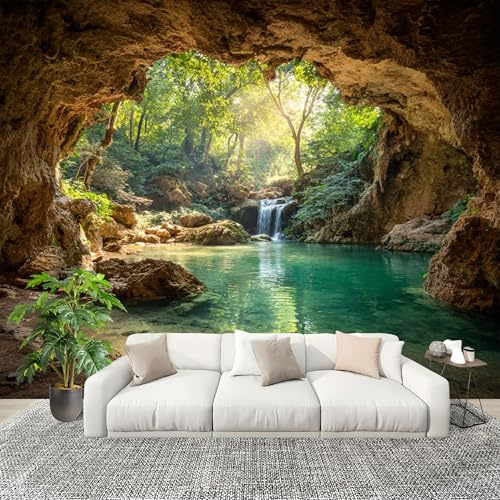 Genérico Decoración del hogar Fotomural 250x175cm Paisaje De Cascada En El Bosque Papel Pintado Panorámico ExtraíBle Para Despegar Y Pegar Verde Para salón Dormitorios,Comedores HD Papel Tapiz