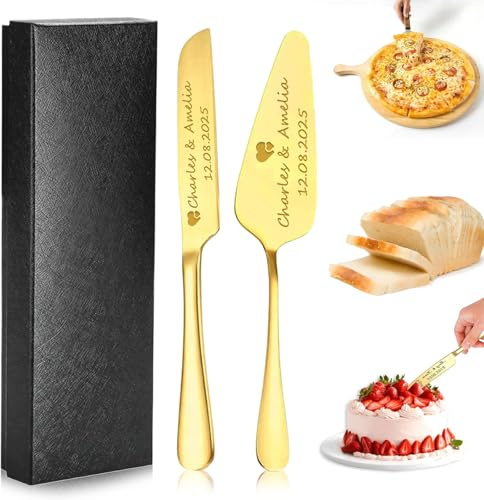 Personalised Cake Knife and Server Set with Name & Date, Stainless Steel Cake Cutter, Pie Cutter Pizza Spatula, Personalised Gift for Newlyweds, Anniversary, Birthday & Special Occasions (Gold)