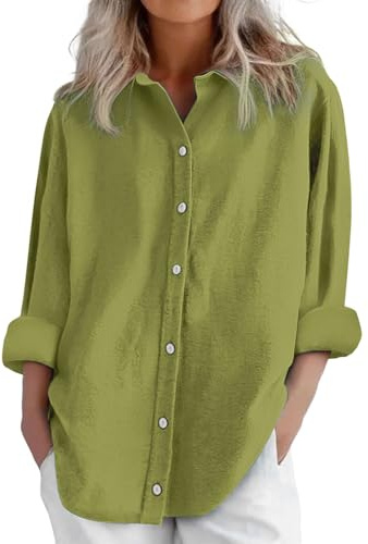 Camisas y blusas de lino para mujer, de manga larga, con botones, tallas grandes, básicas, para oficina, trabajo, amarillo, L
