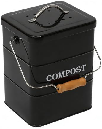 Hynorian Komposteimer Küche 6 L Metall Schwarz mit Aktivkohlefilter Deckel | Deckel mit Aktivkohlefilter ergänzt den 6-Liter-Eimer für Schalen und Biomüll; schwarze Metallbox passt auf die Arbeitsplatte