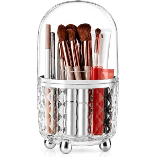 FAVORTALK Makeup Brush Holder 360 Rotating Make Up Brush Holder Organizer Dustproof Brushes Container for Vanity Cosmetics with Clear Lid (Silver)