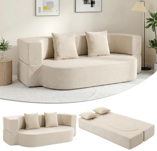 HOMCOM Canapé Convertible 2 Places, Canapé-Lit, 190cm, 2 Oreillers, Beige