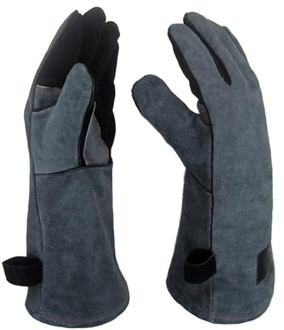 APOGO Ofenhandschuhe Backhandschuhe Grillhandschuhe 1 Paar Leder Grill Handschuhe 41x15X1.5cm Wildleder, mit Aufhängung, Topflappen für Küche und Grill Grillplatz Mikrowelle Handschuhe Schweißen