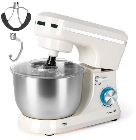 VonShef Cream Stand Mixer 1000W - Electric Stand Mixers for Baking, 8 Speed Standing Food Mixer with Splash Guard, 4.5L Stainless Steel Mixing Bowl, Beater, Dough Hook & Balloon Whisk