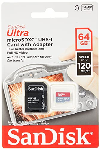 SanDisk Ultra 64GB microSDXC Memory Card + SD Adapter with A1 App Performance Up to 120MB/s, Class 10, UHS-I