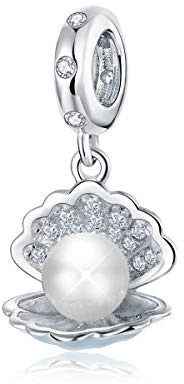Charm-Anhänger aus 925er Sterlingsilber, Perle in Muschel, kompatibel mit Pandora-Armbändern und Halsketten