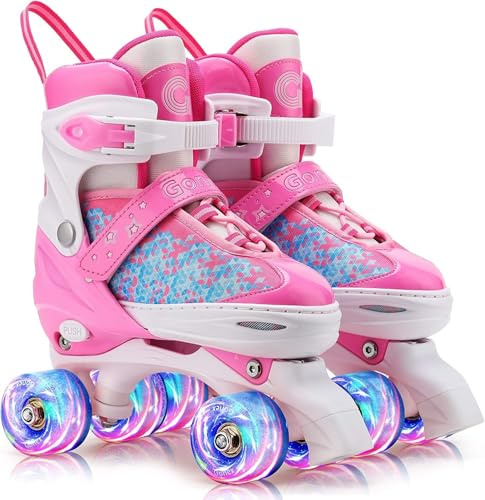 Gonex Pattini a Rotelle per Bambina Bambini Ragazzi Ragazze Principianti, Pattini Regolabili con 4 Ruote Illumina LED(Rosa, L)