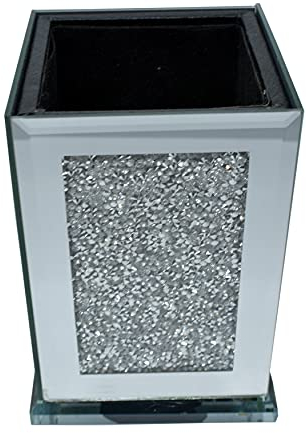 Crushed Diamond Silver Sparkle Square Flower Pot Vase with Floral Design, Crystal Ceramic Ornament, 15cm, Silver