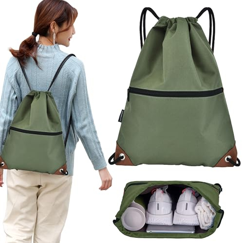 CINY Wasserdichter Turnbeutel mit Kordelzug, Rucksack, Sporttaschen für Damen und Herren mit Reißverschluss, Wasserdichte Kordeltasche Für Sport, Strand, Schwimmen, Wandern, Reisen (Grün)