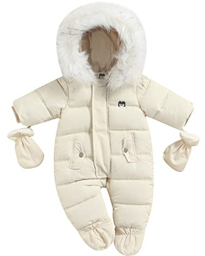 Loalirando Giubbino Neonato Unisex 6-24 Mesi con Cappuccio e Zip Tuta Imbotita Bimbo Invernale con Guanti e Scarpe Caldo Piumino Bambino Romper Regalo (Bianco, 6-9 Mesi)