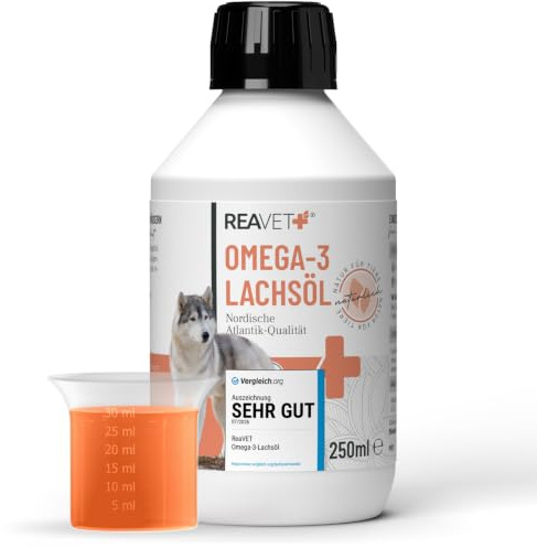 ReaVET Olio di salmone per cani e gatti, 250 ml, ricco di Omega 3 e 6, olio di pesce ad alto dosaggio, vero qualità alimentare senza additivi, confezionato fresco in Germania