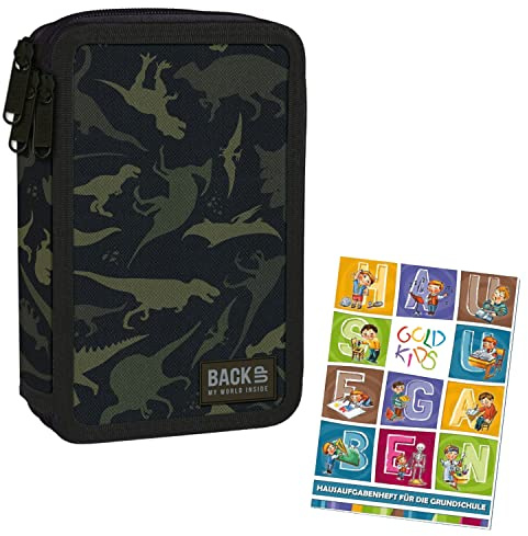 Goldkids Federtasche 3-fache Federmappe Federmäppchen 43-teilig gefüllte Schüleretui Stifte und Pinsel inkl. Aufgabenheft Federbox Etui Stiftetasche Schlamper-Etui Schul-Etui Dinosaurier Motiv