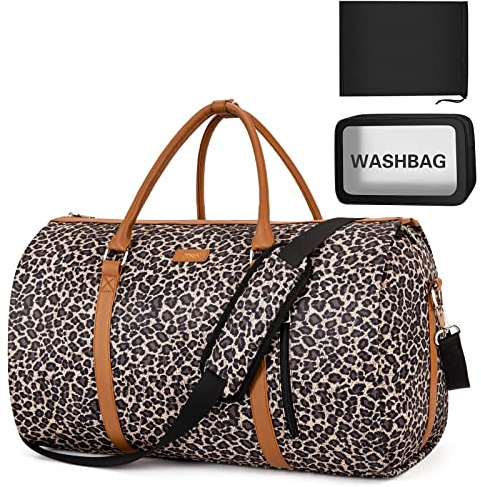 Lot de 3 Sacs à vêtements pour Voyage avec Trousse de Toilette Convertible, Sac de Week-End, Grand Sac de Voyage pour Femme et Homme 2 en 1 à Suspendre, C-Brown Leopard, L, Bagages à Main