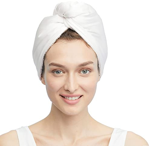 LilySilk Seide Haarturban mit Knopf Schnelltrocknendes Haartuch Kopftuch für Lange Haar Handtuch Haarhandtücher,NATÜRLICHES Weiss
