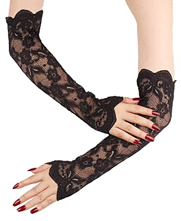 Lace Gloves for Women, Floral Ladies Long Fingerless Gloves UV Protection Lace Arm Sleeves Summer Driving Gloves for Halloween Wedding Prom Opera Tea Party