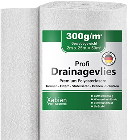 Xabian Drainagevlies 200g/m² 300g/m² 500g/m² Filtervlies 2m x 25m = 50m² - Trennvlies ideal für Drainage - hohe Haltbarkeit - ideal auch als Trennvlies, Poolvlies, Teichvlies, Weiß