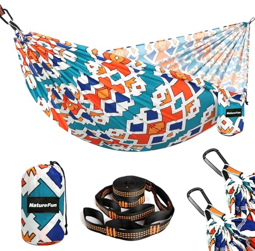 NATUREFUN Ultraleichte Reise Camping Hängematte | 300 kg Tragkraft (275 x140 cm),Atmungsaktiv,Schnelltrocknendes Hängematten |2 x Premium Karabiner,2 x Schlingen Inbegriffen | Draußen Drinnen Garten