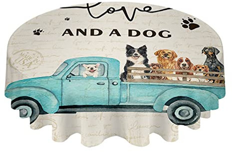 Manteles 152cm Camión Azul con Perro Granja Animal Papel De Carta Retro Cubremesa Antimanchas Mantel Cocina Resistente Mantel De Mesa para Hogar Cumpleaños Decoración