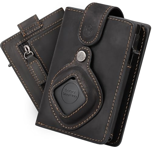 Will Fire® MagFlap® MultiTag | Airtag Android Wallet für Samsung Galaxy Smart Tag + Tile Chipolo ATUVOS Schlüsselfinder | Kartenetui | Geldbörse Leder | Magnetverschluss | Münz-& Scheinfach (Schwarz)