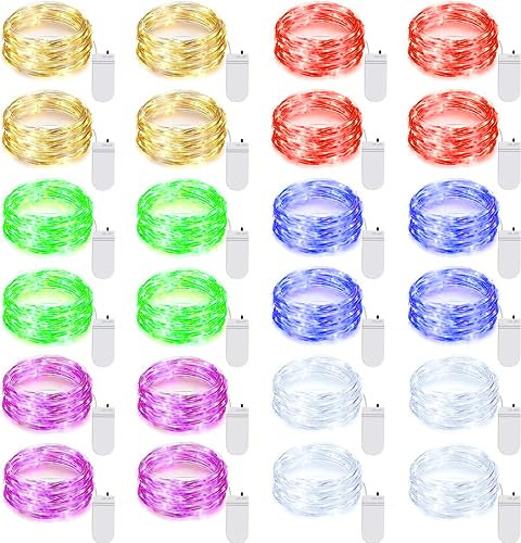 Ineximun 24 Pack LED Fairy Lights Battery Operated 7Ft 20Led Warm White Mini String Lights Waterproof Christmas Lights for Mason Jars Bedroom DIY Party Wedding Multi-Colored