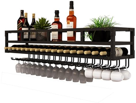 Weinregal Metall mit Weinglashalter Flaschenregal Schmal Wine Rack Weinschrank Weinflaschenhalter Barschrank Bar Regal weinständer Getränkeregal mit Lichtleiste für Hausbar Küche Esszimmer Wohnzimmer
