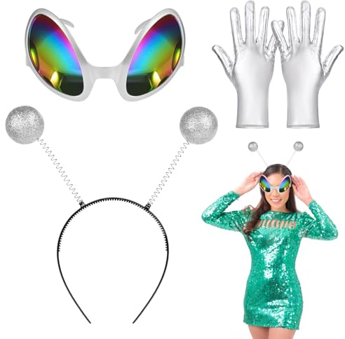 Ainiv Alien pannband och glasögon handskar, party head boppers pannband utomjordiska glasögon silver handskar, lämpliga som fotorekvisita och atmosfärsrekvisita för vuxna och barn
