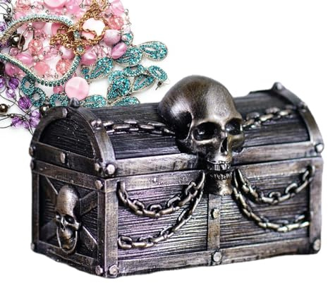 Coffre de pirate - Boîte de rangement gothique pirate - Boîte à bijoux en résine avec tête de mort et chaîne - Boîte de rangement pour cadeaux de fête pirate