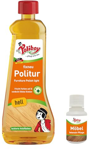 POLIBOY fixneu Politur hell - Möbelpolitur für helle lackierte Hölzer - farbauffrischende Holzpolitur - 500ml - Mit Produkt-Probe