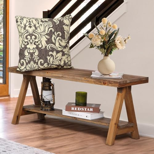 Wnutrees 43 Farmhouse Wood Bench, Long Rustic Indoor Storage Bench for Entryway, Living Room, Dining Room, Solid Wood Construction, Original Wood