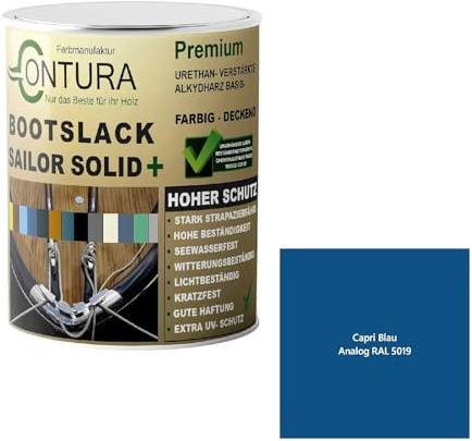 Contura Bootslack Farbig GLÄNZEND Yacht- Buntlack Metall Holz GFK Holzlack Boot Farblos (Capri Blau - RAL 5019 Analog, 1 LIter)