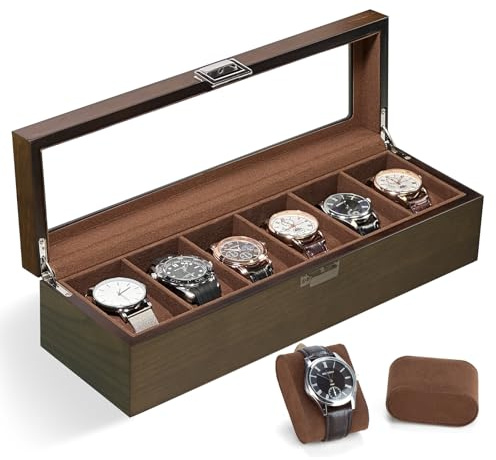 Slege Caja de Relojes de Madera,con 6 Ranuras,Caja para Relojes para Hombre,Estuche Relojero Organizador,Tapa de Cristal y Cojín Extraíble, Organizador para Hombres y Mujeres,Regalo,Watch Box