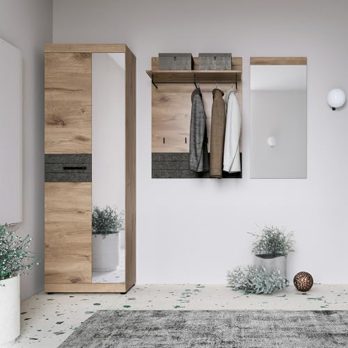 Lomadox Garderoben Set 3-teilig mit Hochschrank Wandpaneel und Spiegel modern in Eiche Viking RIBERA-129