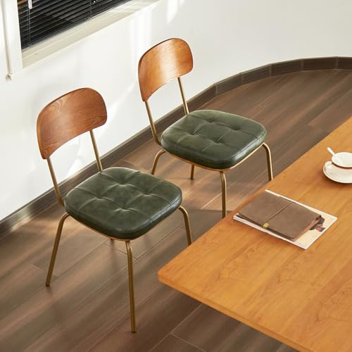 Mid Century Modern Dining Chairs Set of 2, Retro Chair with Faux Leather Upholstered Seat & Solid Wood Backrests & Vintage Distressing Metal Legs & Leg Protectors for Kitchen Dining Room (Dark Green)