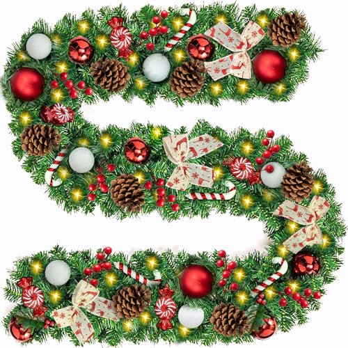 MTINRNI Ghirlanda Natalizia per Scale 270cm,con 5M 50 LED Luce,Ghirlanda di Natale Artificiale viene fornita con 45 palline di Natale,Decorazioni Natalizie，per Porta Decorativa,Camini,Scale.