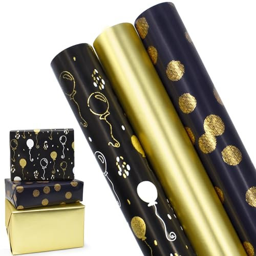 3 Rollen 16,9 Zoll x 10 Fuß metallisches und brillantes Geschenkpapier, Geburtstagsgeschenkpapierrolle, geeignet für Geburtstage, Partys, Hochzeiten, Babypartys, Festgeschenkdekorationen