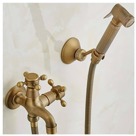SHUGUANG Ducha Bidet para WC Antiguo Ducha Bidet Latón Duchas Higienicas para WC Montado en La Pared Ducha Higienica para WC Control Dual con Grifo, Manguera de Acero Inoxidable de 1,5 m