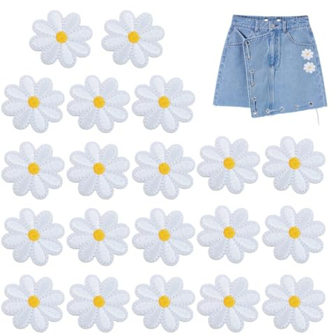 EYVRPAU 20 Stück Aufbügel Patches Gänseblümchen Blumen Aufnäher Dekorative Bügelflicken zum Aufbügeln Aufnähen Basteln für Jacken Jeans Handtaschen Textilien Erwachsene Kinder