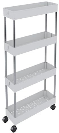 Carrello Portaoggetti A 4 Ripiani Mobile Salvaspazio In Plastica Con Ruote Struttura In Acciaio Per Spazi Ridotti Cucina Bagno Lavanderia Camera Da Letto Salotto Studio 40 x 13 x 85 Cm (Bianco)