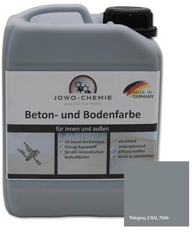JOWO-CHEMIE Bodenfarbe (5kg) Betonfarbe Flüssig Kunststoff für 40m² Grauton Beton Estrichfarbe Beschichtungen für alle mineralischen Bodenflächen (Telegrau 2 RAL 7046)