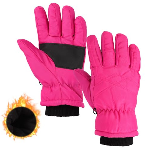 Mayoii Winter Waterproof Kids Ski Gloves, Fleece Lined Thermal Snow Mittens Cold Weather Warm Windproof Glove for 2-10 Years Old Boys Girls Children Snowboard Skating Outdoor Activities (Rose Red-S)