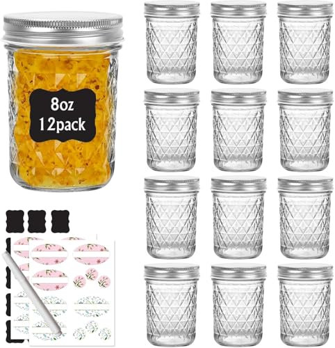 Eathtek 8 oz Mason Jars 20 Pack, 240ml Mini Canning Jars with Regular Lids for Jelly Herbs Spice Honey Storage, Small Glass Jars Candle jars, Extra Lids Tags Label Included
